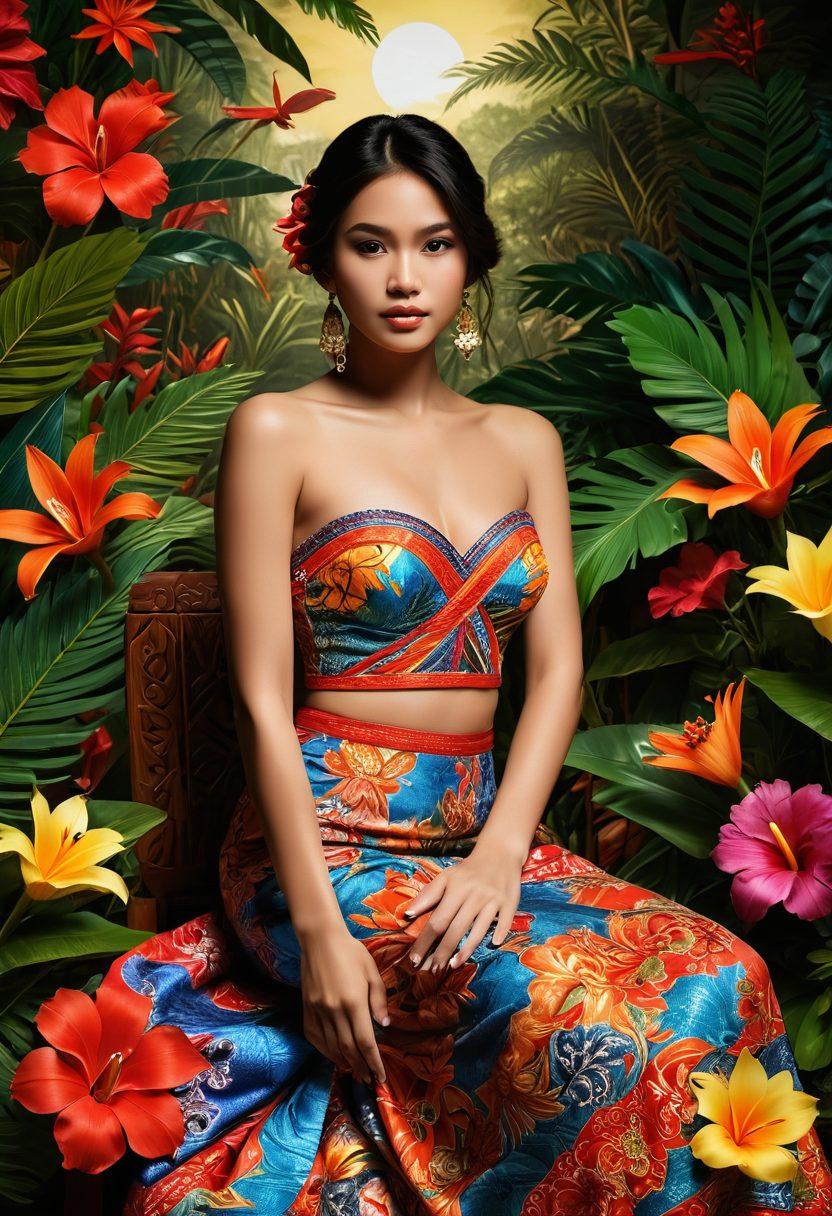 A captivating scene showcasing a fusion of traditional Filipino art with modern sensual elements. Include vibrant colors, intricate patterns inspired by Philippine culture, and a sensuous figure embodying both grace and strength. Surround the figure with elements like tropical flowers, traditional textiles, and warm lighting to create an inviting, intimate atmosphere. The background should reflect a Filipino landscape, subtly blending traditional and contemporary aesthetics. super-realistic. vibrant colors. 3D.