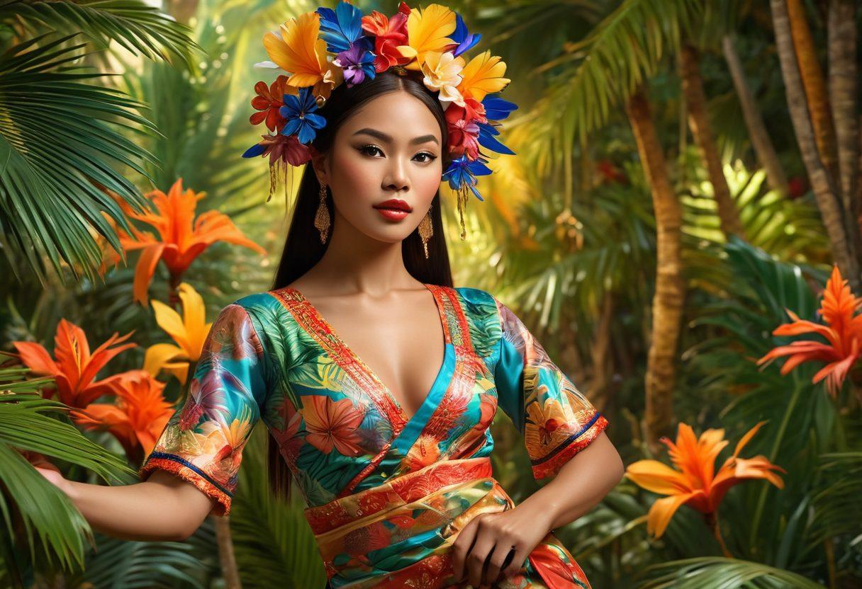 An enchanting scene that captures the essence of Filipino culture through sensual artistic expressions, featuring a graceful Filipina dancer adorned in traditional attire, with vibrant patterns and colors, set against a lush tropical backdrop. Include elements of nature like palm trees and exotic flowers, with soft lighting to enhance the atmosphere of allure and intimacy. surrealism. vibrant colors. 3D.
