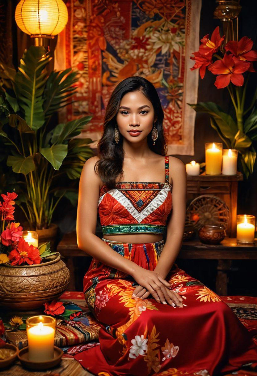 A beautiful Filipina woman surrounded by vibrant cultural symbols such as traditional textiles, tropical flowers, and soft candlelight, embodying sensuality and intimacy while maintaining a strong sense of cultural identity. The scene should evoke warmth and connection, with a focus on the woman’s expression of empowerment and beauty. The background should blend elements of Filipino heritage with a modern twist. super-realistic. vibrant colors. warm lighting.